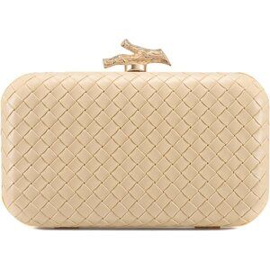 Women's Cream Woven Leather Formal Evening Shoulder Clutch Chain Strap Handbag
